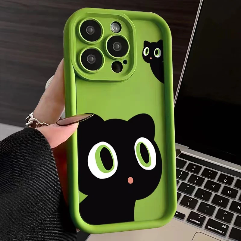 可爱黑猫苹果15手机壳iphone14promax软壳13/12/11/xs全包精钢砂