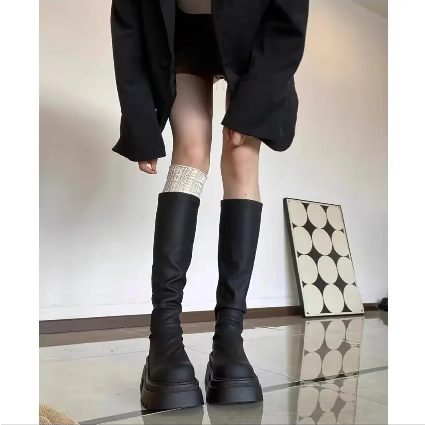 厚底高筒靴新款韩版秋冬瘦瘦长筒靴小个子粗跟不过膝堆堆长靴女