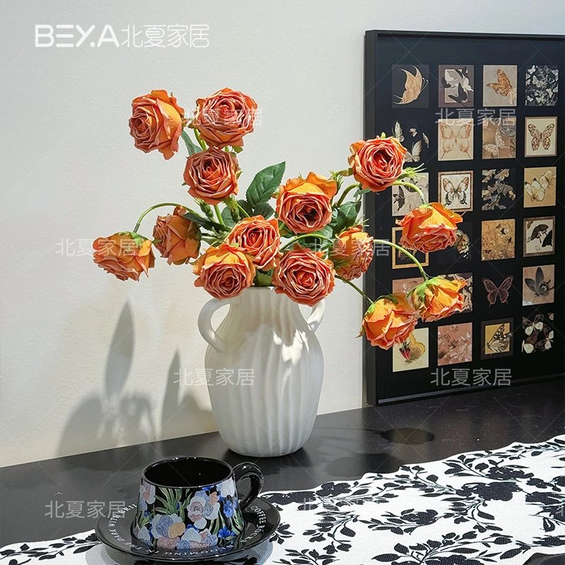 垂感复古焦边玫瑰仿真花花束高档软装客厅家居摆件瓶插花摆设