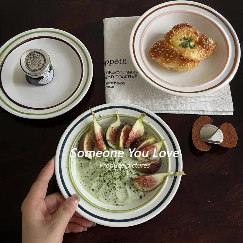 西餐厅意面盘早餐盘沙拉甜品蛋糕盘陶瓷线条西餐ins一人食复古