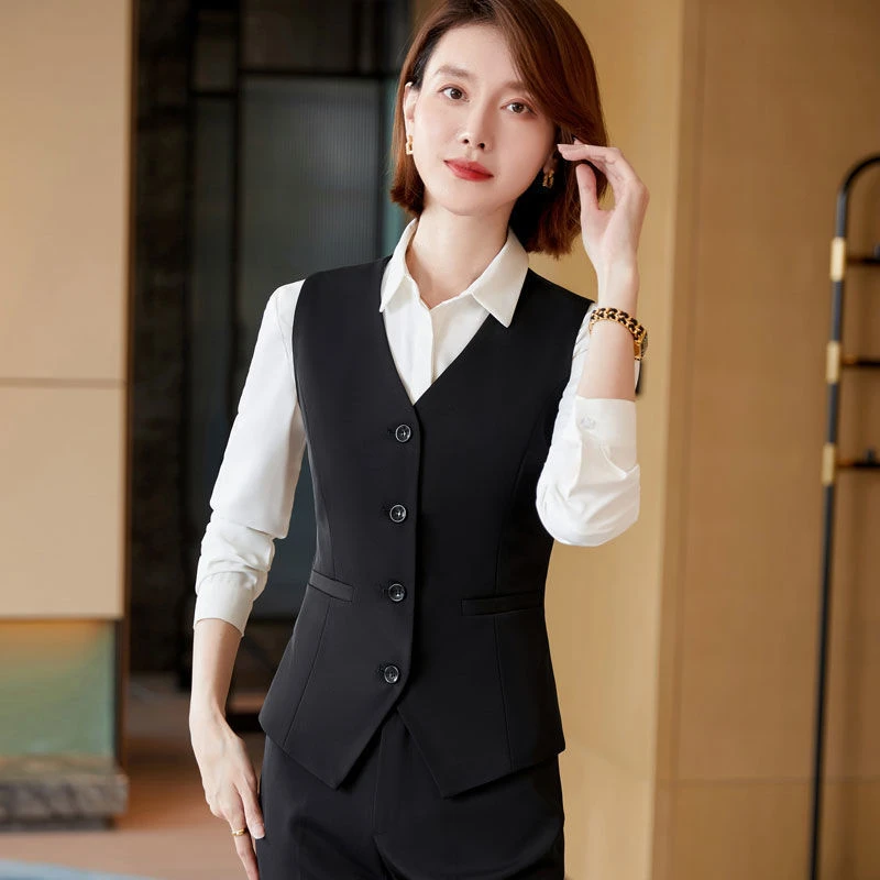 高档春秋时尚马甲女背心外穿修身气质西装马夹正装秋季工作服黑色