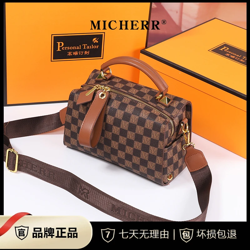 MICHERR/米榭尔轻奢棋盘格新款手提字母时尚斜挎枕头包9089咖啡色