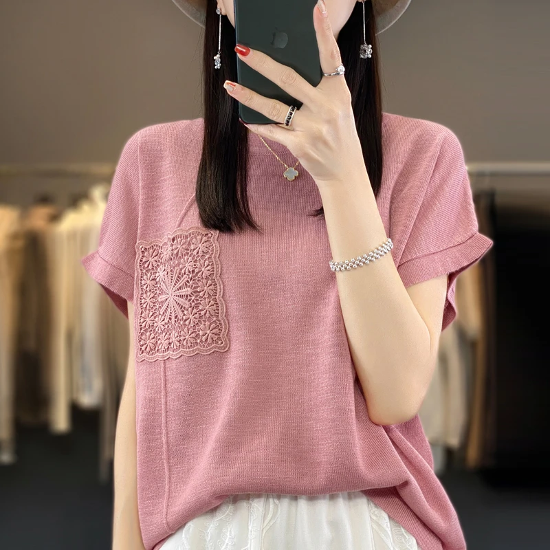 夏季薄款竹节麻短袖韩版t恤女针织衫时尚上衣设计感小众外穿99332