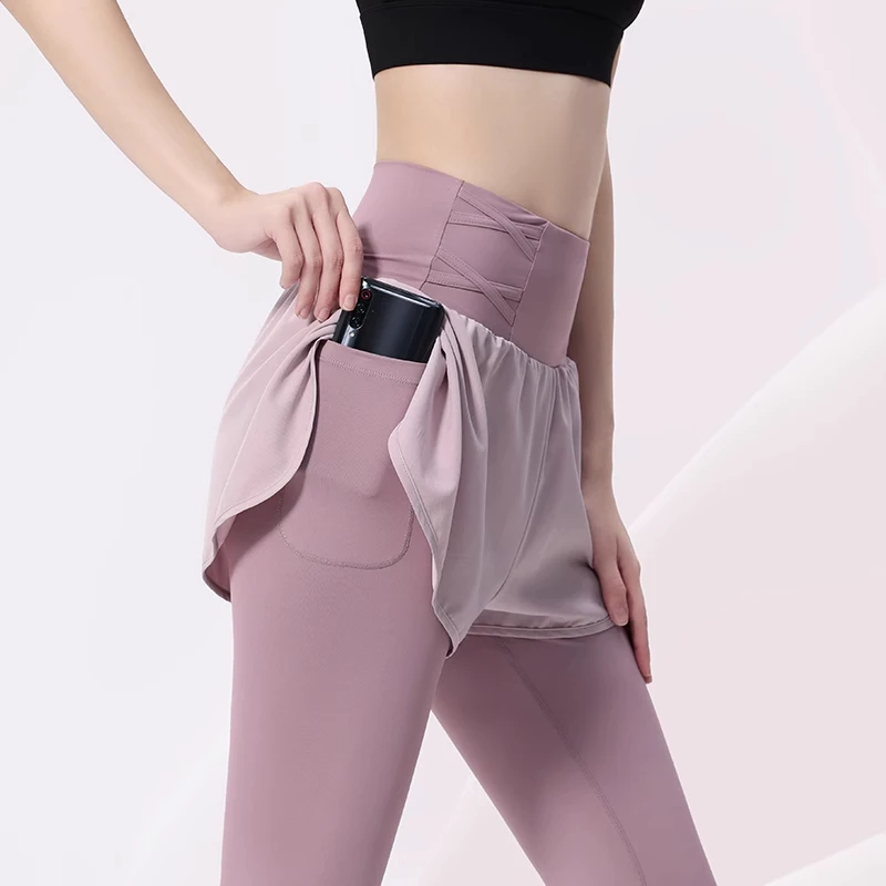 假两件健身裤女跑步训练运动裤外穿高腰遮臀紧身裤弹力速干瑜伽裤