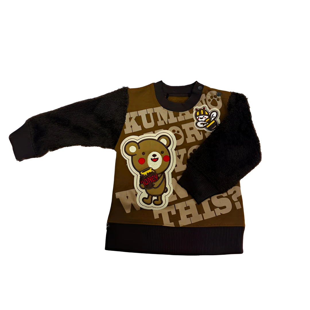 80男宝小熊卫衣春秋季薄绒可爱小童带扣套头暖和棕色休闲圆领卡通