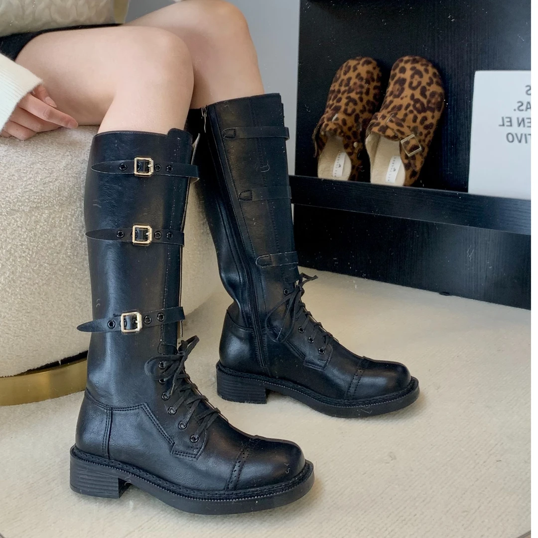 韩版复古粗跟方头长筒靴厚底英伦风时髦骑士靴618-618