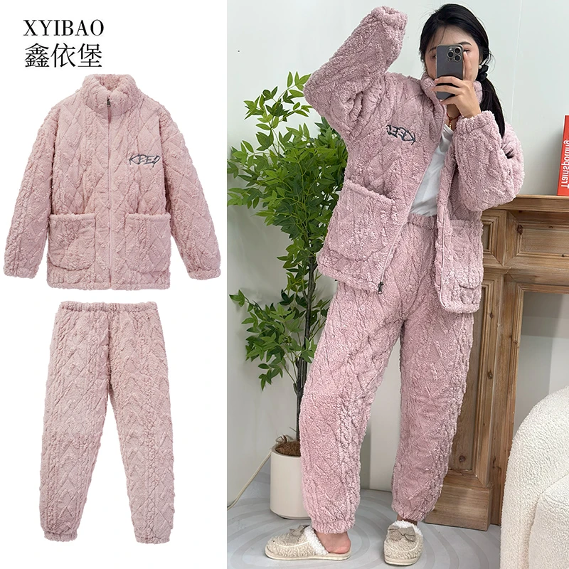 睡衣情侣秋冬款三层加厚加绒珊瑚绒2024新款可外穿家居服拉链套装