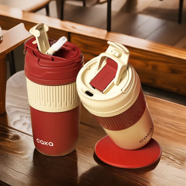 CAKA茶卡复古杯吸管保温杯双饮晶瓷咖啡杯情侣316陶瓷水杯随行杯