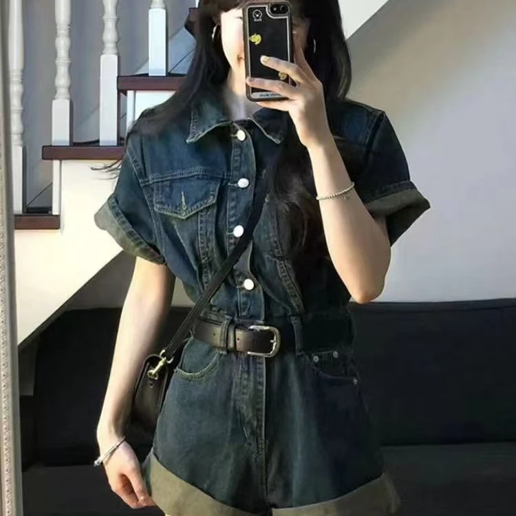 美式复古牛仔连体裤女夏新款设计感收腰显瘦时尚休闲一体短裤套装