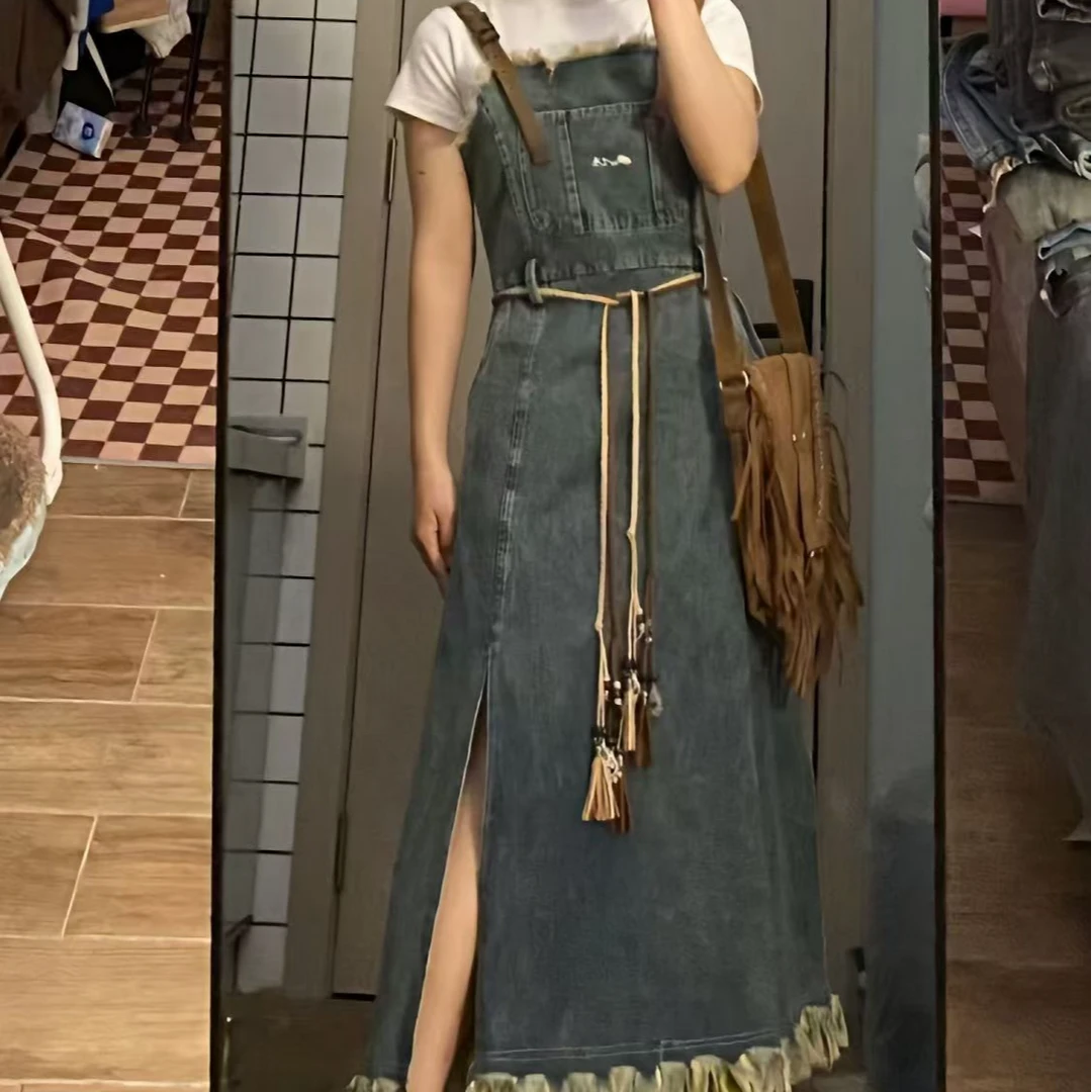 牛仔背带裙女夏季新款复古水洗毛边ins韩版宽松显瘦中长款连衣裙