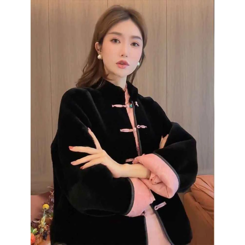 新中式黑色新款棉服外套女秋冬国风唐装盘扣加绒加厚保暖立领棉衣