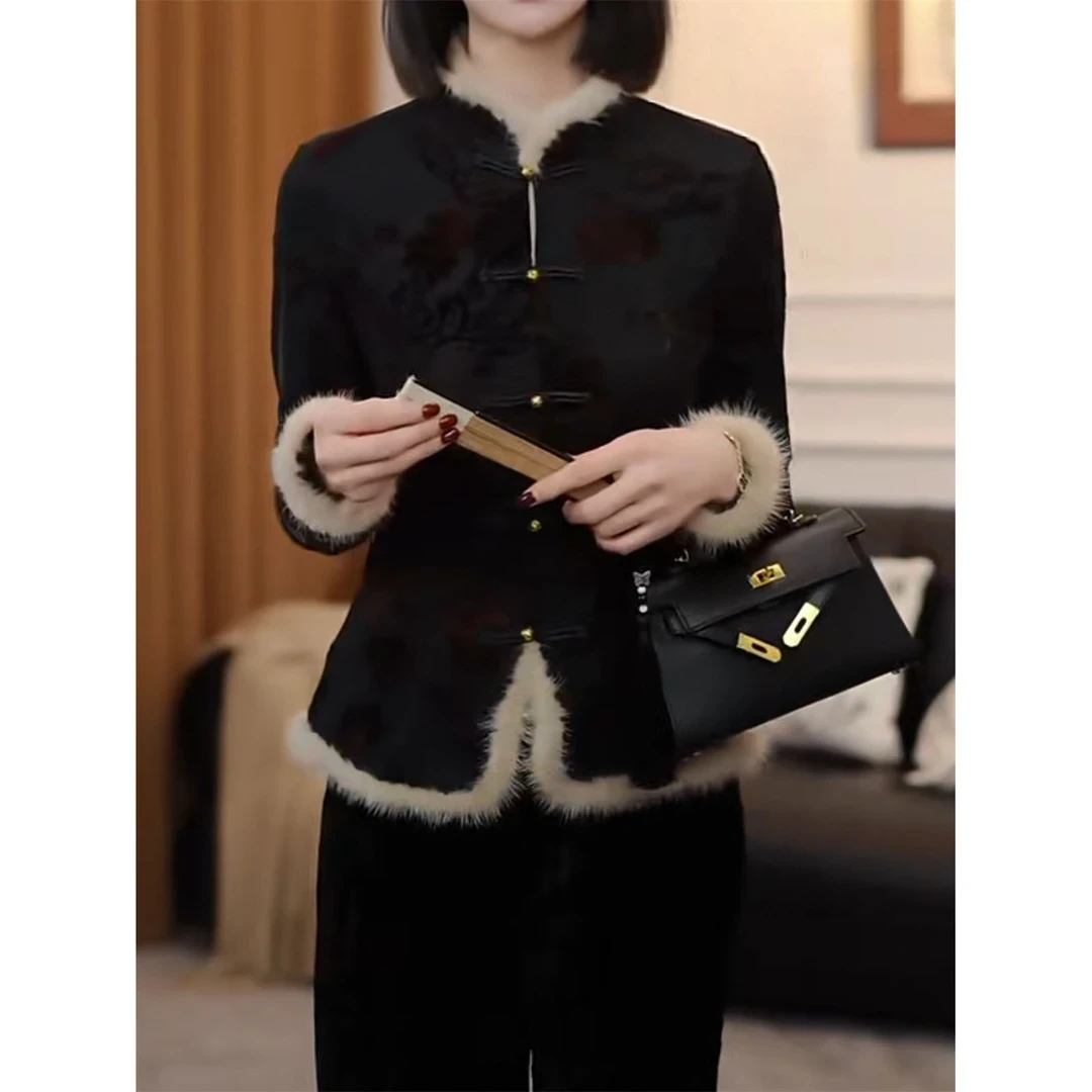 新中式复古烧花毛毛拼接显瘦打底衬衫女2024秋冬国风加绒内搭上衣