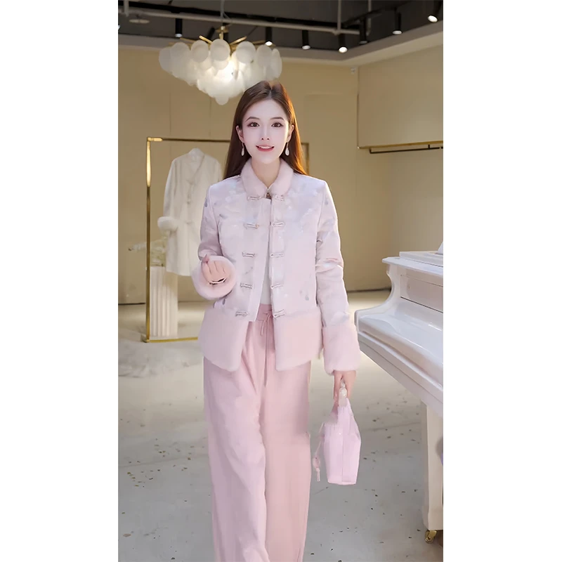 新中式冬装双面穿毛绒拼接外套轻奢刺绣盘扣棉袄国风棉服女装2024