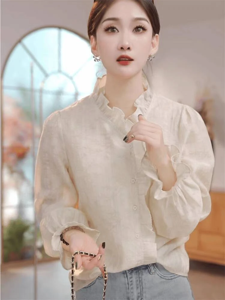 设计感时尚气质时尚休闲复古小众拼接木耳边秋季百搭长袖显瘦衬衫