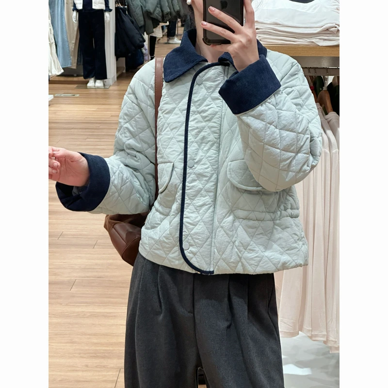 甜美减龄菱格纹拼色翻领长袖棉服外套女秋冬季新款宽松显瘦上衣潮