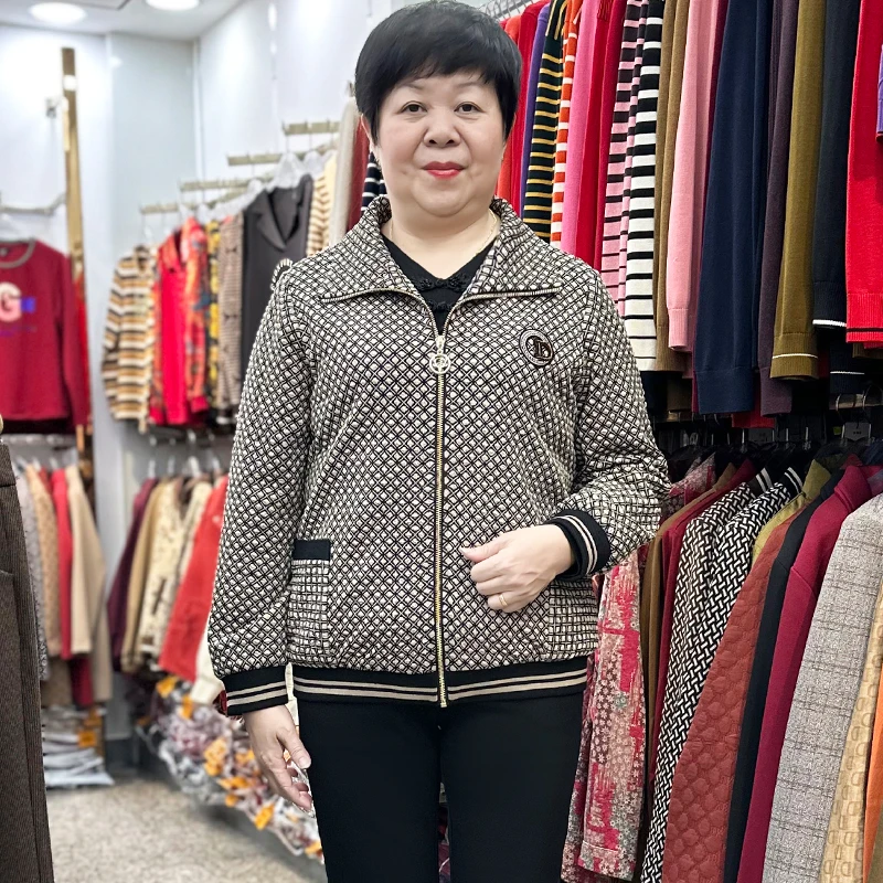 24年秋冬翻领中老年妈妈装外套格子大码保暖奶奶开衫翻领夹克上衣