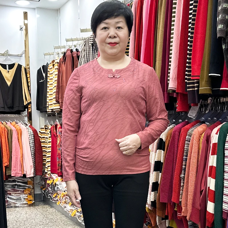 2024秋冬季中老年女装长袖打底衫洋气妈妈装弹力T恤圆领粉色上衣