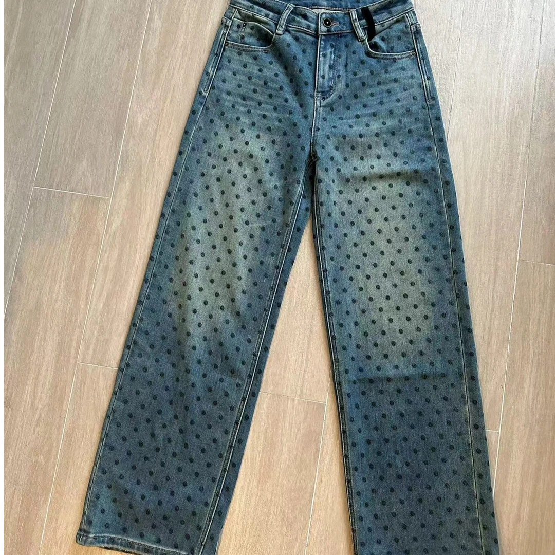 南油设计师时尚气质百搭波点加绒窄版直筒裤（加绒）-3256