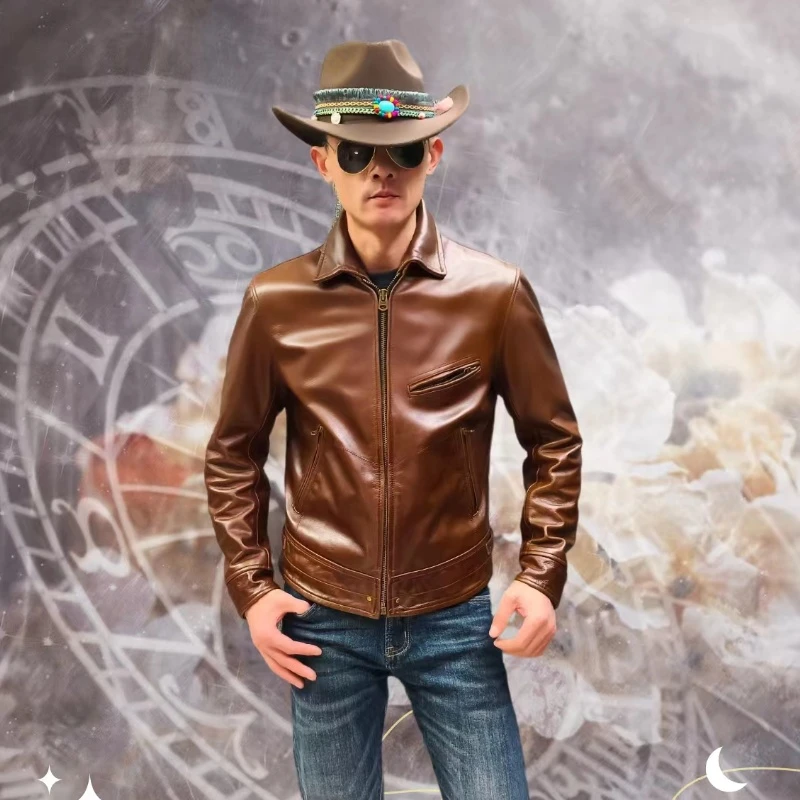 穆赫兰道头层油蜡牛皮男士真皮皮衣外套经典潮流修身复古短款帅气