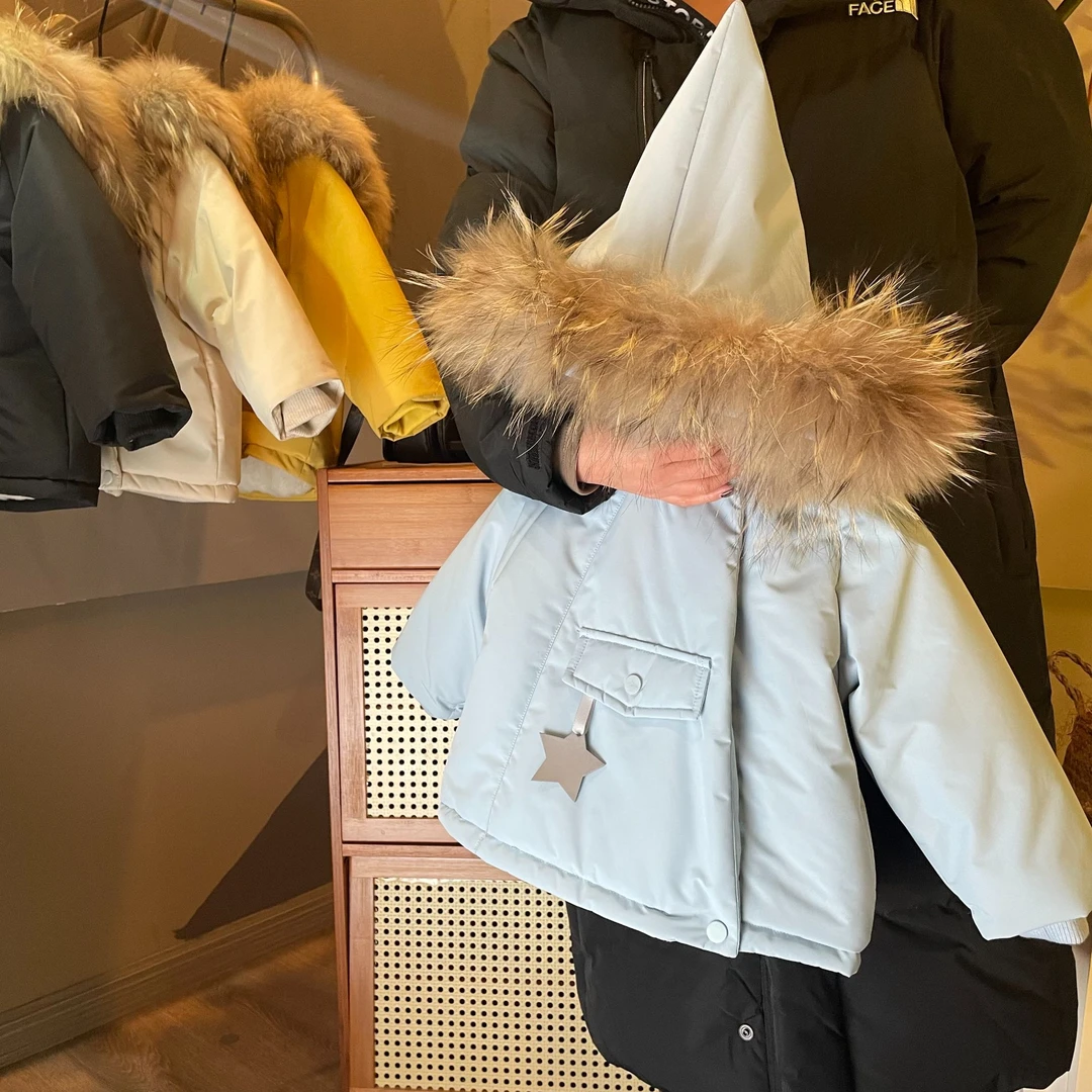 【真毛领】现货新款女宝宝蓝色精灵帽棉服秋冬儿童加绒加厚时尚