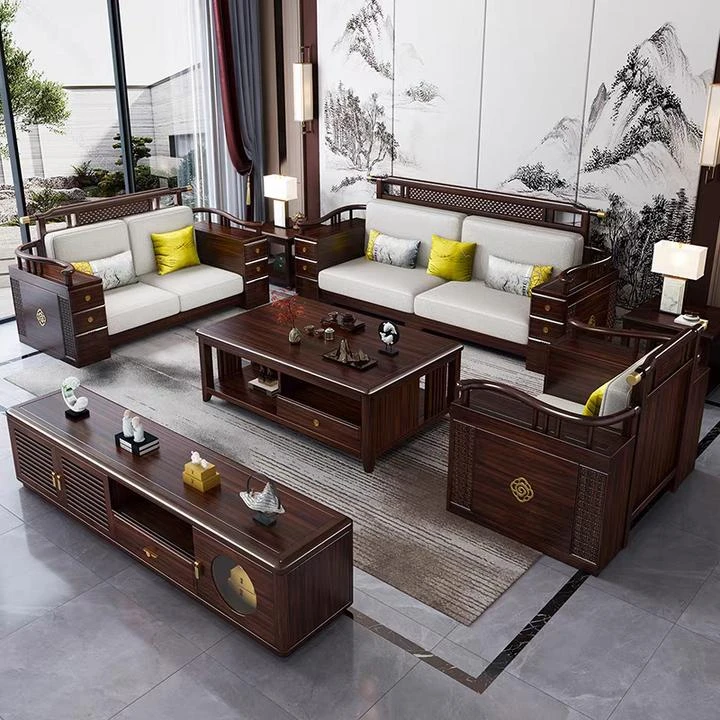 新中式客厅家用乌金木沙发高箱两用禅意简约储物实木轻奢成套家具