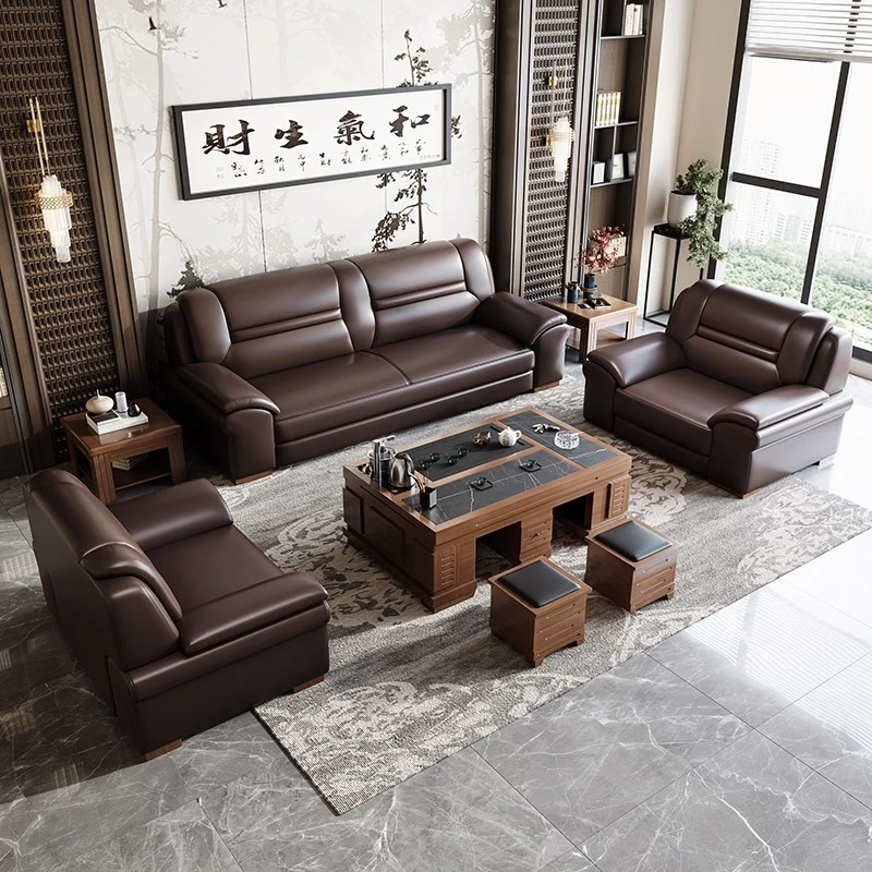 办公室沙发现代中式会议大厅客厅酒店贵宾接待室洽谈真皮茶几组合