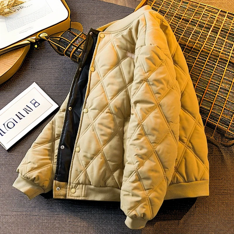 冬季加厚日系复古潮牌菱格棉服男士休闲棒球领服保暖棉衣男款外套