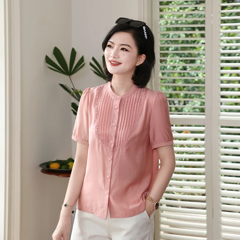 枫竺高端女装阿楠anan 娴雅相伴 设计休闲风纯色圆领短袖上衣女夏