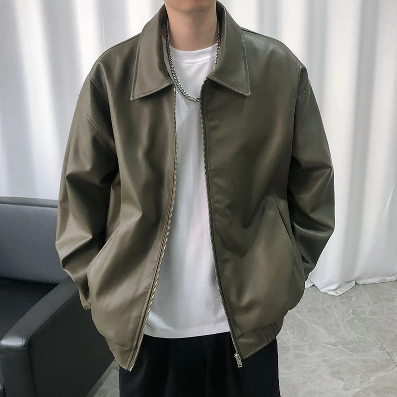 绿色皮衣男款韩版简约宽松翻领pu皮夹克秋冬新款帅气加绒机车外套