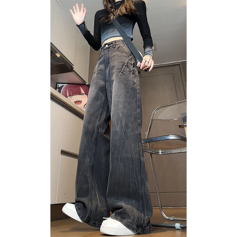 闪电裂纹牛仔裤女美式高街扎染复古宽松直筒裤高个子加长阔腿裤男