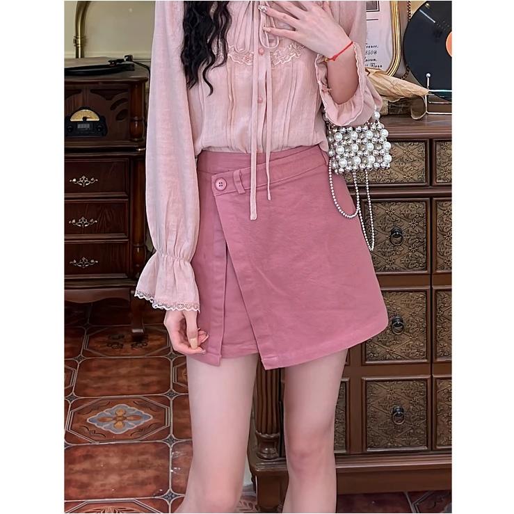 温敏er春季法式显瘦气质高腰复古粉色小众女装半身裙QZ274