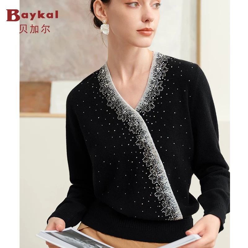 V领交领设计感100%纯山羊绒衫显瘦保暖毛衣24051