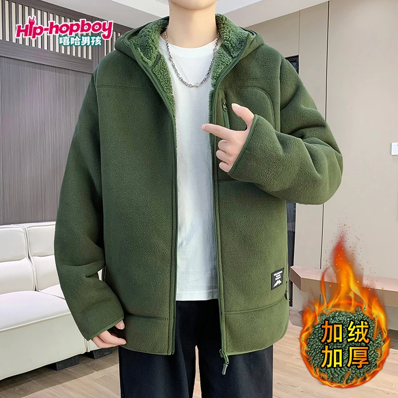 嘻哈男孩秋冬新款重磅摇粒绒夹克男连帽休闲潮流百搭加厚保暖外套
