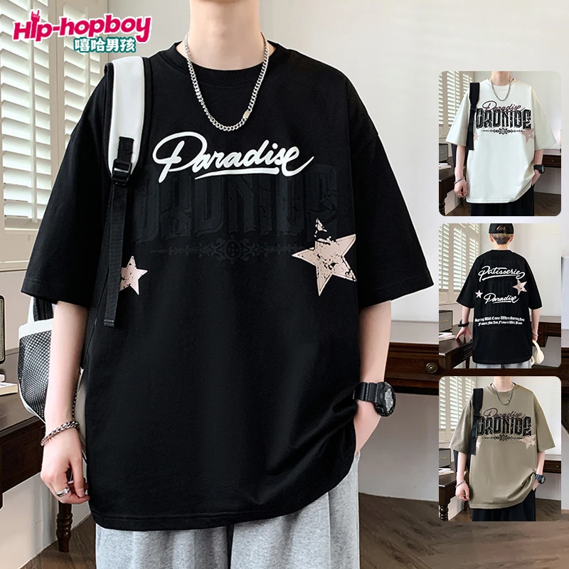 夏季潮牌短袖T恤男士青少年男装休闲宽松印花T恤中学生半袖体恤衫