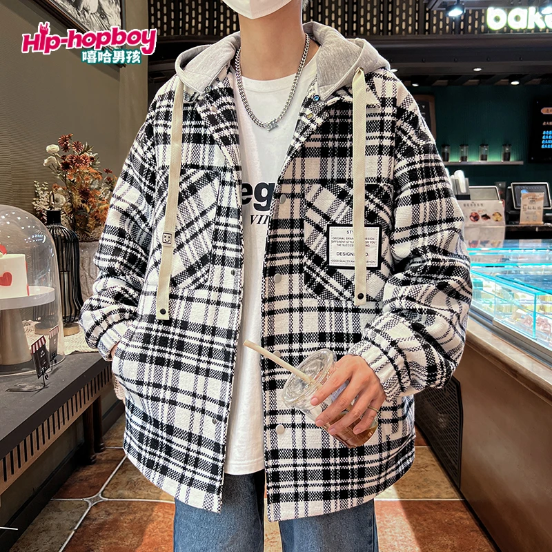 春秋新款格子外套男士青少年男装休闲夹克韩版时尚连帽小香风外套