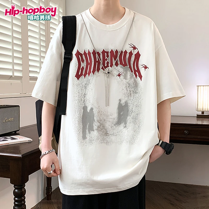 夏季潮牌短袖T恤男青少年男装休闲宽松印花港风T恤男孩子半袖体恤