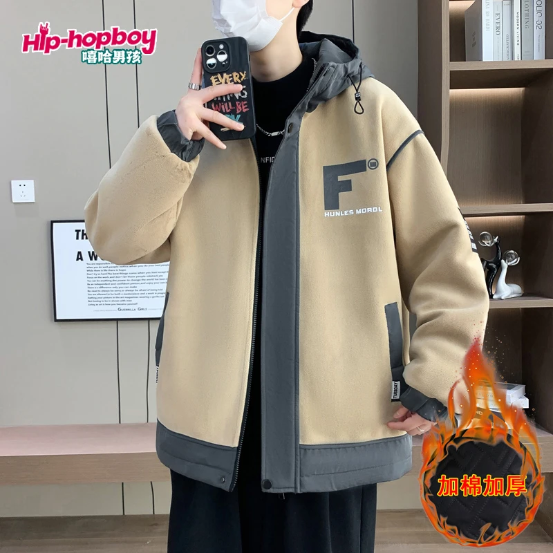 嘻哈男孩连帽加棉加厚男士夹克拼色休闲百搭潮流秋冬季保暖外套