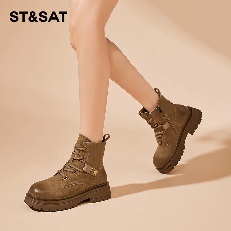 星期六时尚百搭舒适网红复古秋冬圆头系带潮流高帮英伦风马丁靴