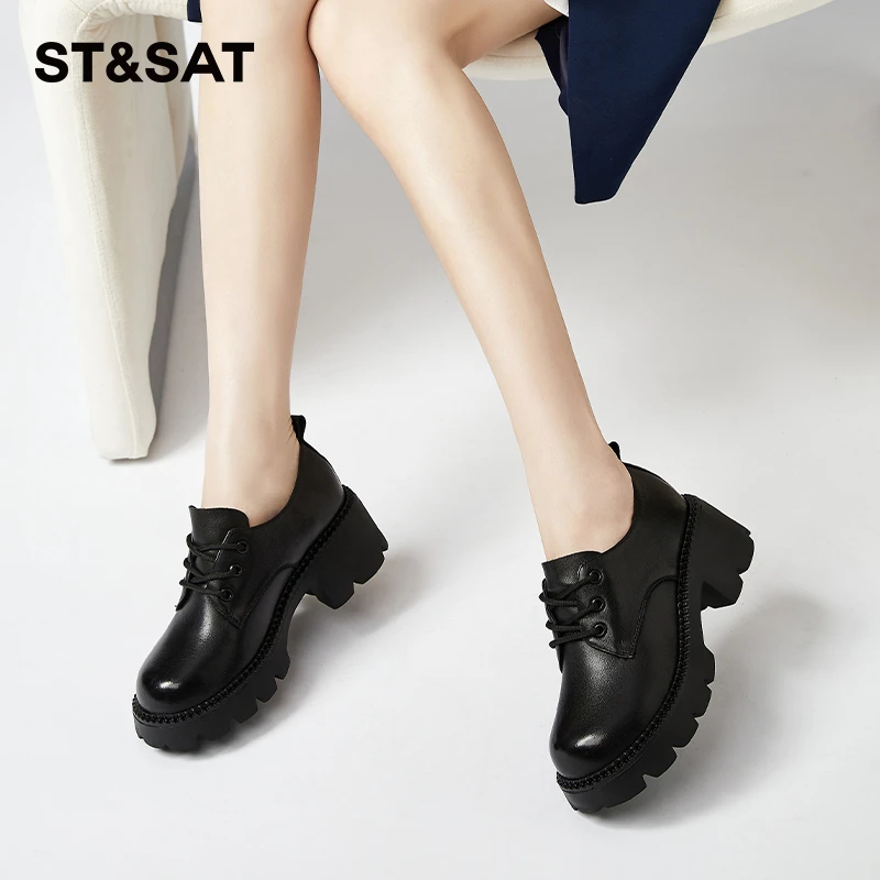 星期六女式时尚粗跟系带复古英伦风秋季学院风小众圆头厚底乐福鞋