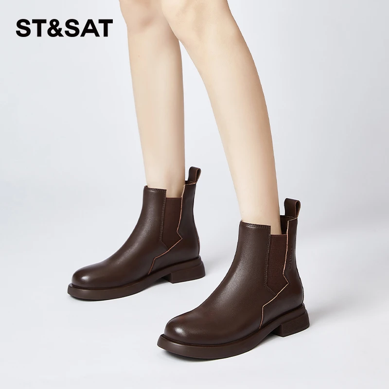 星期六女式时尚低跟复古秋冬短筒英伦风棕色加绒保暖小众切尔西靴