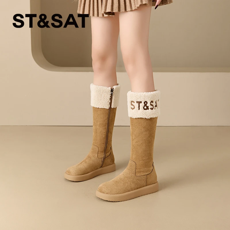 星期六女式时尚复古粗跟厚底骑士平底过膝舒适长筒圆头冬季时装靴