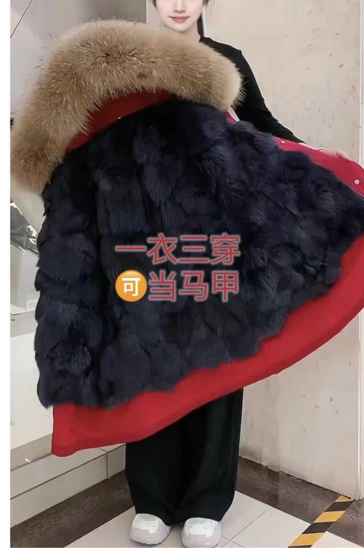 女士冬季国风纽扣款加绒加厚连帽保暖冬装派克棉服时尚大衣马甲