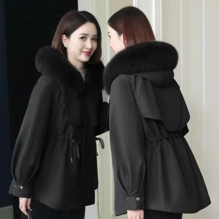 万人迷新款派克服连帽加绒加厚保暖时尚外套大码冬季女士修身宽松