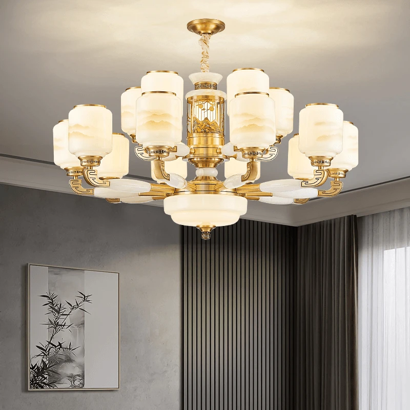 新中式全铜客厅吊灯玉石高档大气餐厅家用国风别墅灯酒店禅意书房