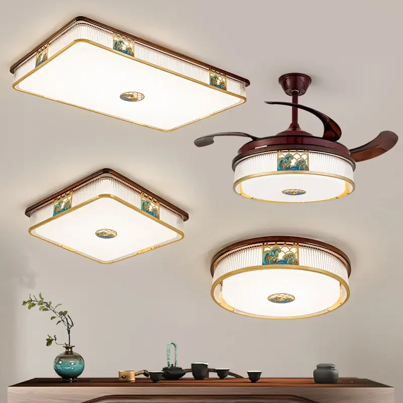 新中式阳台实木吸顶灯铜加木仿古中国风现代客厅卧室灯风扇灯套餐