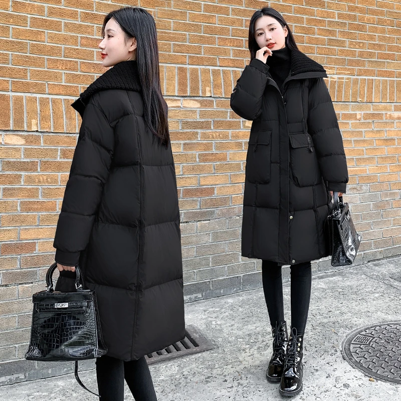 韩版中长款棉服女黑色宽松显瘦百搭针织领时尚保暖新款棉衣外套潮