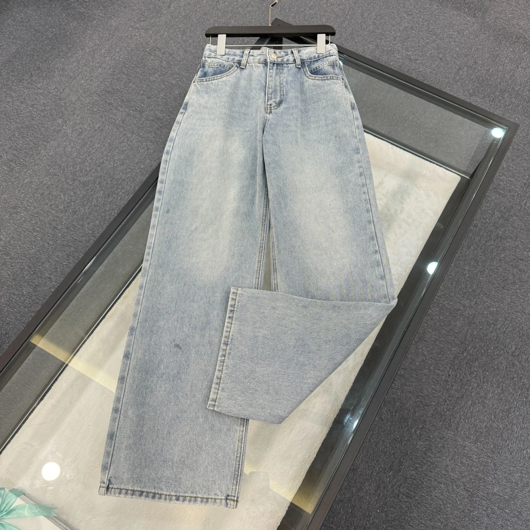 24新款后口袋刺绣高腰直筒牛仔裤S0005