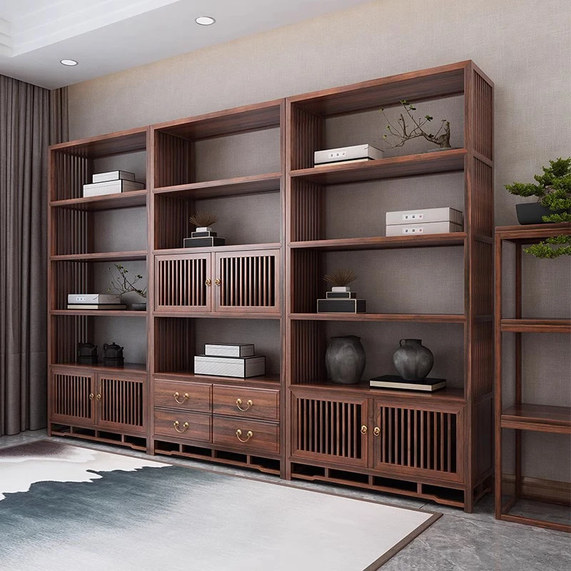 新中式黑胡桃木博古架老榆木书柜书架组合实木置物架展示架展柜