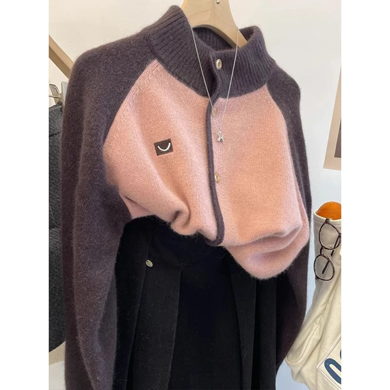 慵懒风撞色圆领针织开衫女早秋新款设计感百搭软糯长袖毛衣外套女