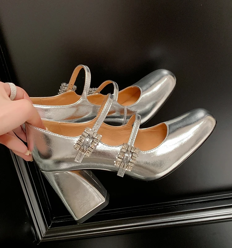三个跟高-法式方头扣带粗跟玛丽珍高跟鞋百搭单鞋配裙子圆头银色